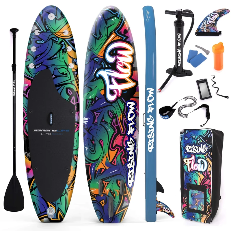 SereneLife Inflatable Stand Up Paddle Board-10Ft. Graffiti Standup SUP Paddle Board w/Oar, Air Pump, Ankle Leash, Paddleboard Repair Kit, Waterproof Mobile Phone Case, Storage/Carry Bag SLSUPB636.5