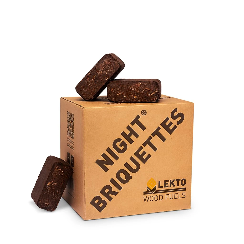 Lekto Woodfuels Night Briquettes - 8 x 20kg (160 Briquettes), Up to 8 Hour Slow Burn | Ideal for Wood Stoves, Log Burners, Sheltered Fire Pits & Chiminea | Eco Friendly Compressed Wood Fire Bricks