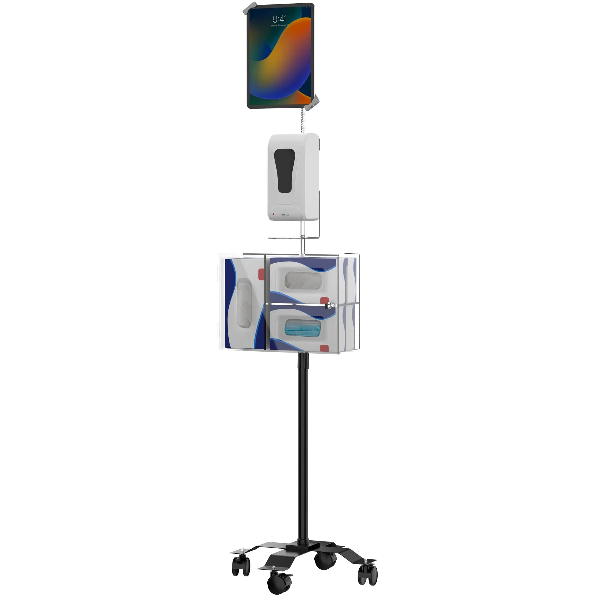 CTA Digital: Compact Security Gooseneck Floor Stand with Sanitizing Station & Automatic Soap Dispenser, fits 7-13" Tablets-iPad 10. 2-inch, iPad Pro 12.9, iPad mini/Air, Surface Pro 4 & More