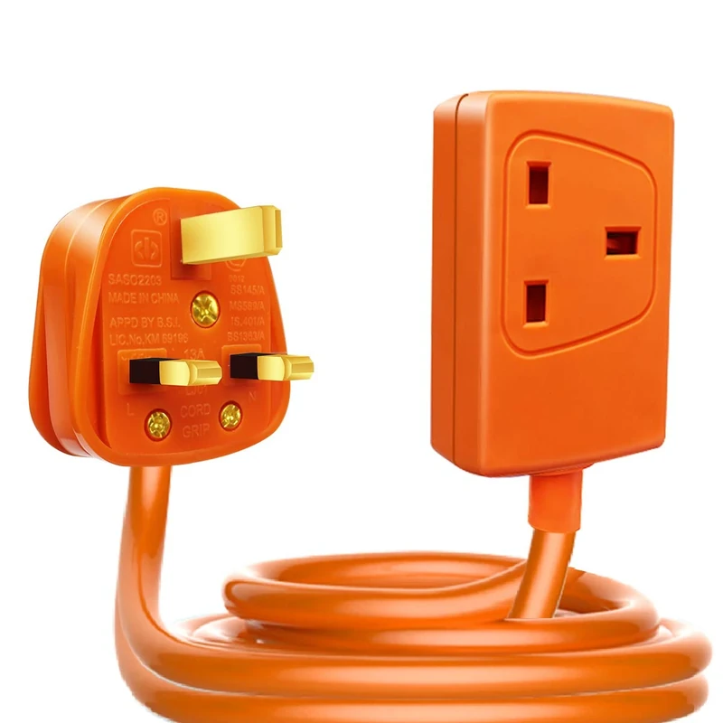 EXTRASTAR 1 Way Gang Single Socket Mains Power Extension Lead 13A Fused UK 3Pin Plug - 20 Metre Cable, Orange