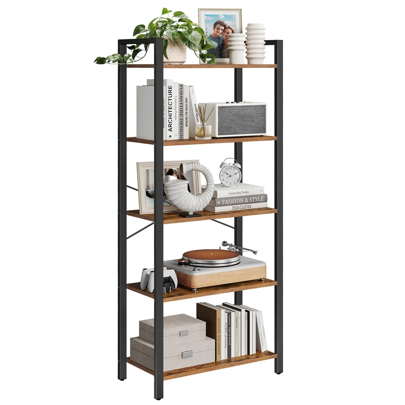 VASAGLE 5-Tier Bookshelf, Bookcase, Shelving Unit, for Office, Study, Living Room, Bedroom, 30 x 66 x 153 cm, Industrial, Rustic Brown and Ink Black LLS061B01