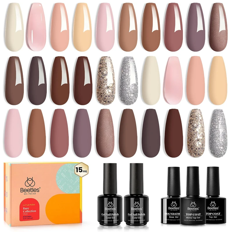 Beetles Gel Polish Bare Collection-16 Colours Pink Nude Brown Glitter Gel Set Peach Natural Skin Tone Manicure Art with Glossy Matte Base Top Coat Gift for Girls