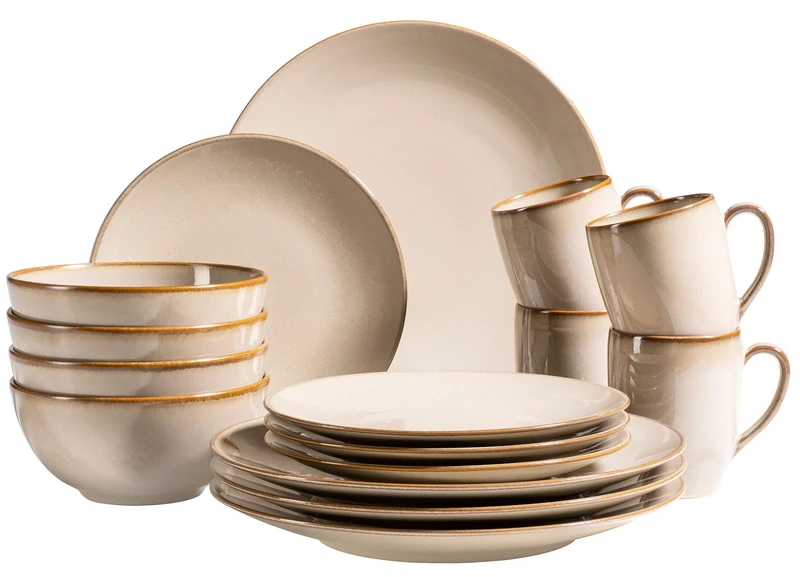 MÄSER 931736 Mediterranean Vintage Look 16-Piece Crockery Set for 4 People in Sandy Grey, Ceramic, Sand Grey