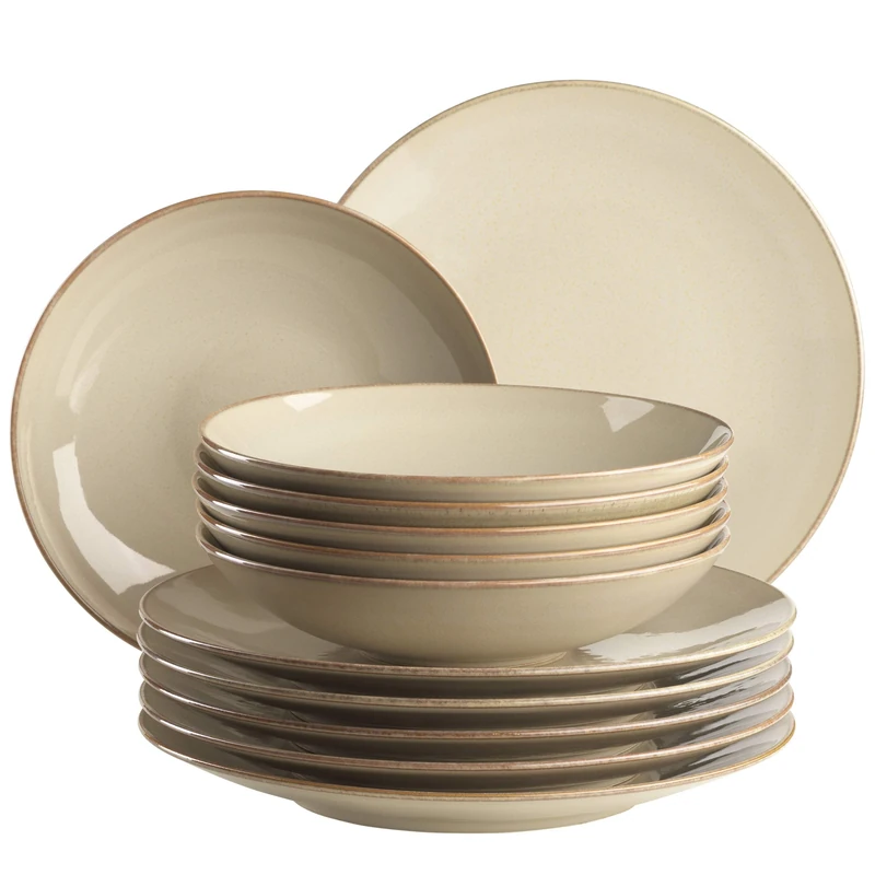 MÄSER 931734 Ossia Plate Set for 6 People in Vintage Mediterranean Look, 12 Piece Modern Dinner Set with Soup Plates and Dinner Plates in Sandy Grey, Ceramic, Sand Grey