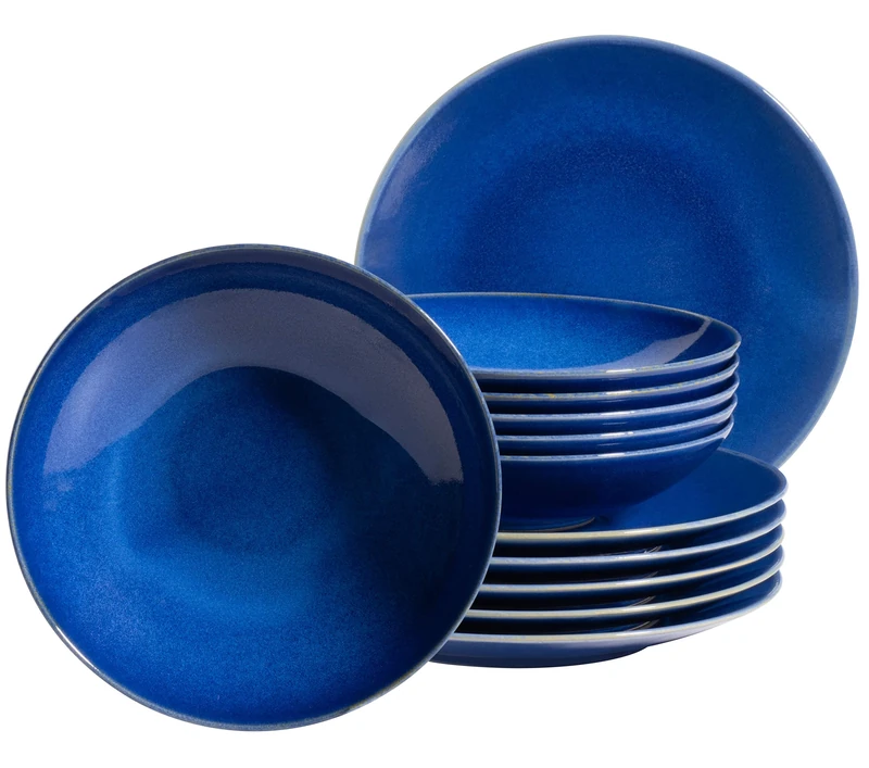 MÄSER 931733 Ossia Mediterranean Vintage Look Plates Set for 6 People, 12-Piece Modern Dinner Service with Soup Plates and Dinner Plates in Dark Blue, Ceramic