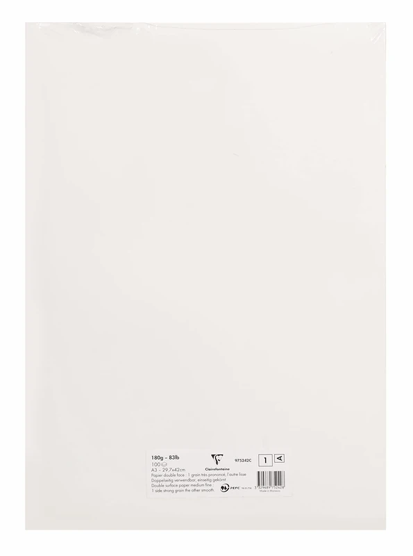 Clairefontaine - Ref 975242C - Grained Drawing Paper (Pack of Pack Of 100 Sheets) - A3 (42 x 29.7cm) Size, 180gsm Paper, Acid Free - Light Grain Side & Heavy Grain Side - White