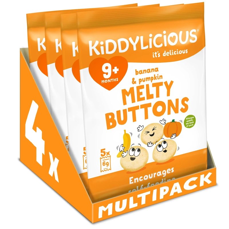 Kiddylicious, Melty Buttons Delicious Snacks for Kids Suitable for 9+ Months 4 x Packs 20 Total, banana & pumpkin, 6 gram, (Pack of 5)