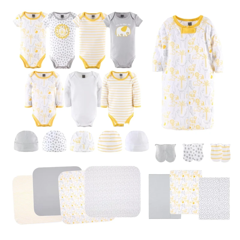 The Peanutshell Newborn Layette Gift Set for Baby Boys or Girls | 23 Piece Gender Neutral Newborn Clothes & Accessories Set | Safari Themed Yellow