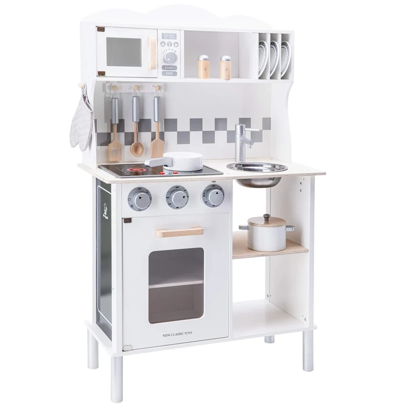New Classic Toys 11068 Wooden Pretend Toy Kitchen for Kids Included Accessoires-Comes with Electric Cooking Plate-Makes Sound, White