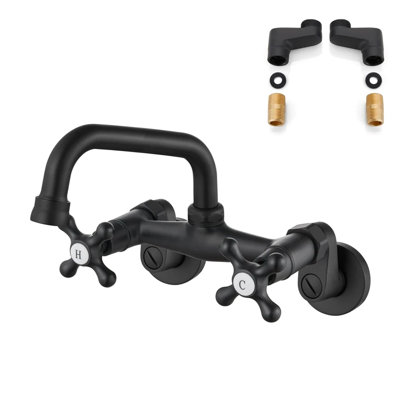 Airuida Matte Black Wall Mount Kitchen Sink Faucet 6 Inch(15cm) Spout Reach Adjustable Center Double Cross Handles 3 Inch to 9 Inch Hot and Cold Water Mixer Tap 360 Rotatable Faucet