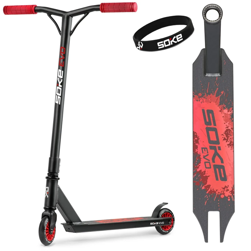 SOKE Evo Stunt Scooter for Extreme Skate Park Rides - ABEC-9 Chrome Steel Carbon Bearings - PU Wheels 88A - Y-Bar Handlebars with TPR Grips - Aluminium Deck Red - Image 1