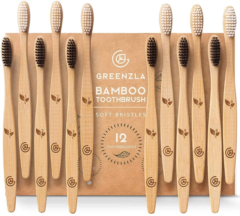 Greenzla Bamboo Toothbrushes (12 Pack) | BPA Free Soft Bristles | Eco-Friendly, Natural Bamboo Toothbrush Set | Biodegradable & Compostable Charcoal Wooden Toothbrushes