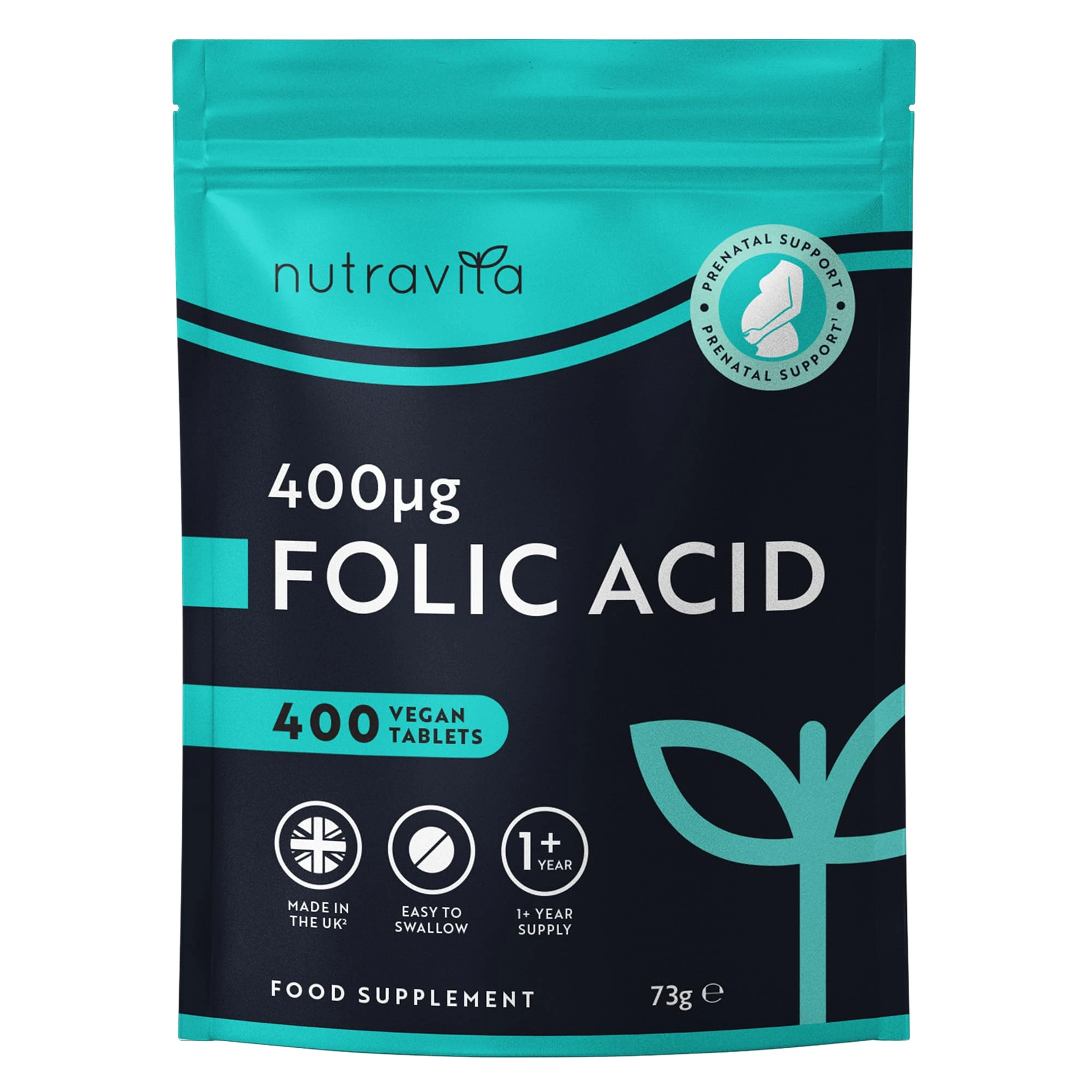 Nutravita Folic Acid Tablets 400 mcg - 400 Vegan Vitamin B9 Tablets - 13 Month Supply - Pregnancy Care - Normal Function of Immune System & Maternal Tissue Growth During Pregnancy