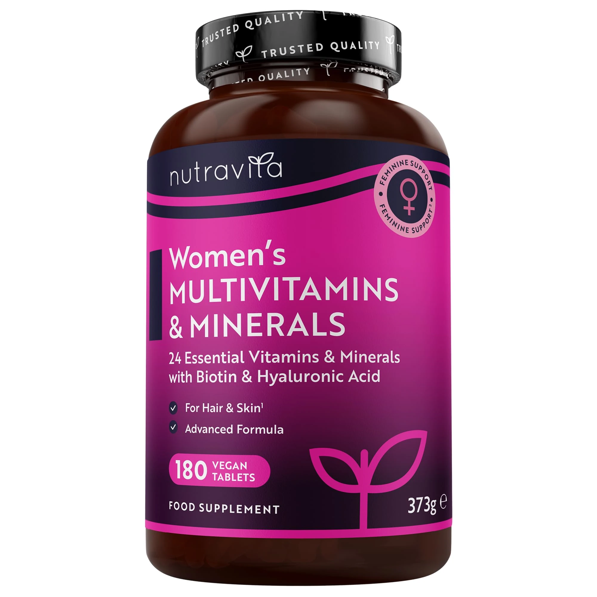 Women's Multivitamins and Minerals - 24 Essential Active Vitamins and Minerals with Added Hyaluronic Acid - 180 Vegan Tablets - No Synthetic Fillers or Binders - Made in The UK by Nutravita