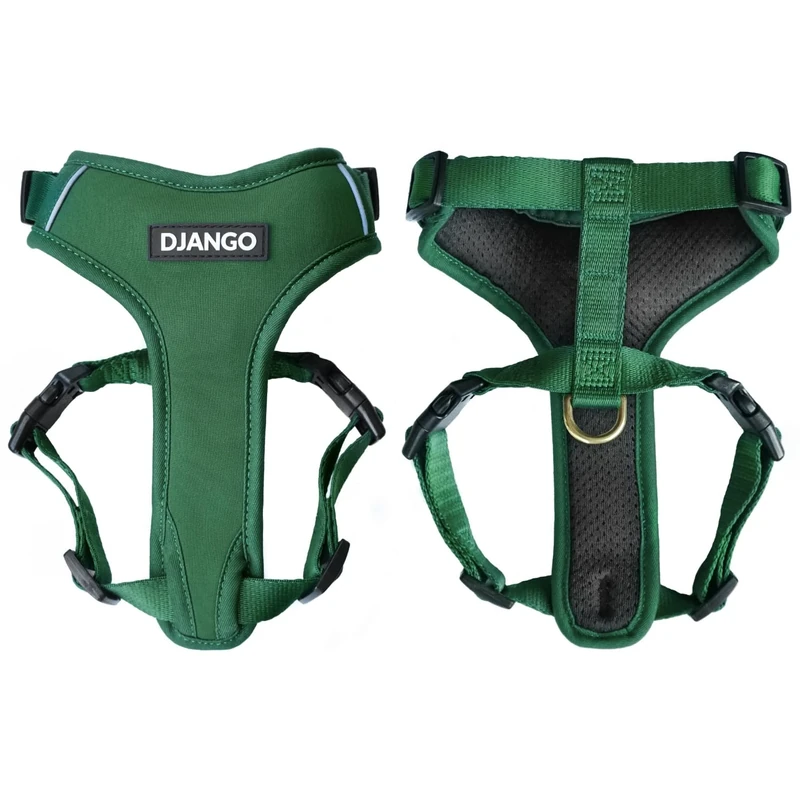 DJANGO Adventure Dog Harness - Stylish and Durable Medium Dog Harness for Outdoor Adventures and Everyday Wear - Forest Green Neoprene Adjustable Harness for Dogs with Reflective Piping, Brass D-Ring