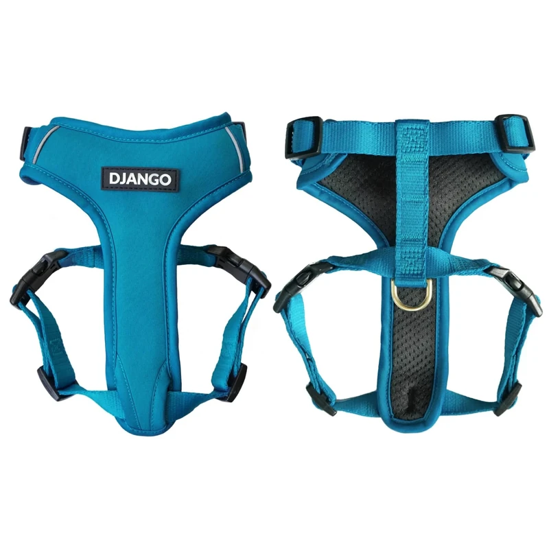 DJANGO Adventure Dog Harness – Comfortable, Durable, and Reflective Neoprene Dog Harness for Outdoor Adventures and Everyday Wear – Adjustable Design with Solid Brass Hardware (Small, Pacific Blue)