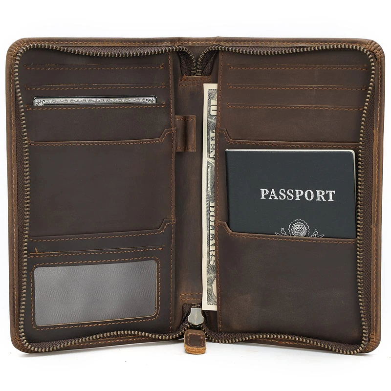 Polare Full Grain Leather Passport Holder Cover Case for Men RFID Blocking Travel Wallet Holds 4 Passports, Dark Brown, L, Retro