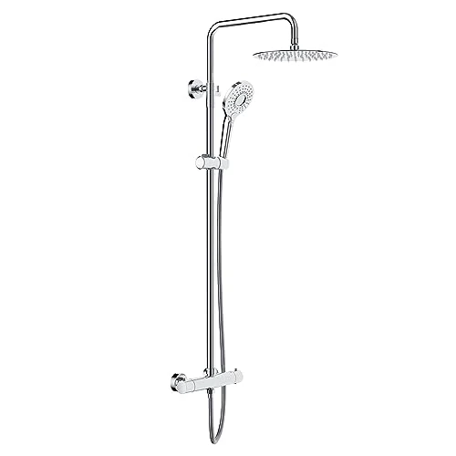 Rainsworth Thermostatic Shower System, Shower Mixer System Set with Adjustable Shower Rail, 10in Rain Overhead Shower and 3 Mode Shower Head Filter for Dry Skin & Hair, Chrome