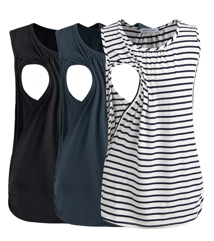 Smallshow Women's Maternity Nursing Tank Tops Breastfeeding Clothes 3-Pack, Black-Dark Grey-White Stripe(3 Packs), Medium