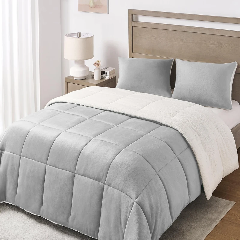 Basic Beyond Micromink Sherpa Comforter Set - Reversible Bed Comforter 3-Piece (Sherpa Grey, Queen)