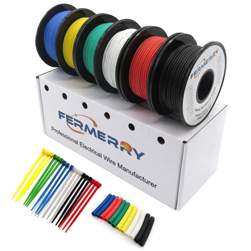 Fermerry 20 AWG Electrical Wire 0.5mm² Flexible Silicone Tinned Copper Wire Hook up Kit Stranded Wire Spool 100ft 30 Meter Each 6 Colors Gauge