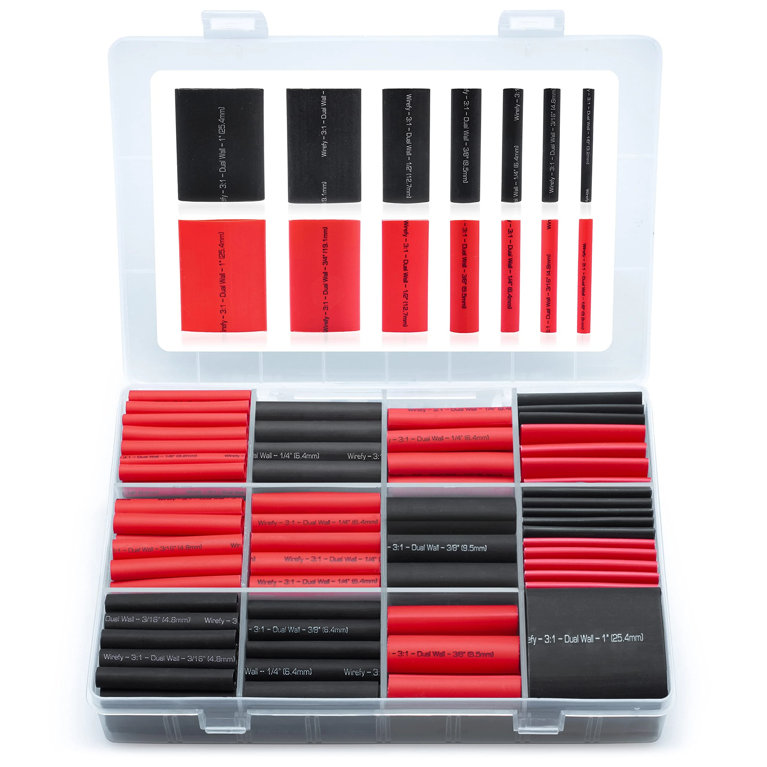 Wirefy Heat Shrink Tubing Kit - Heatshrink Sleeving Kit - Larger Diameter - 3:1 Dual Wall Tube - Adhesive Lined - Wire Cable Repair Sleeve - Black Red - 200 PCS