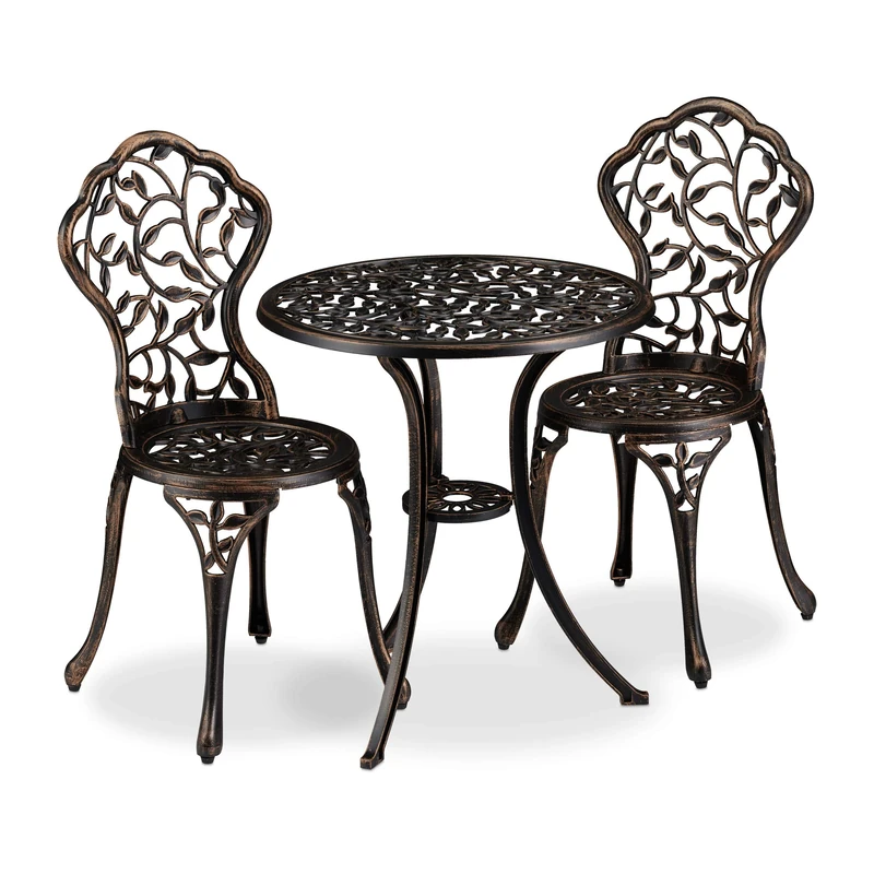 Relaxdays garden furniture set, table and chairs, set of 3, ornate design, aluminium, dining table, bronze