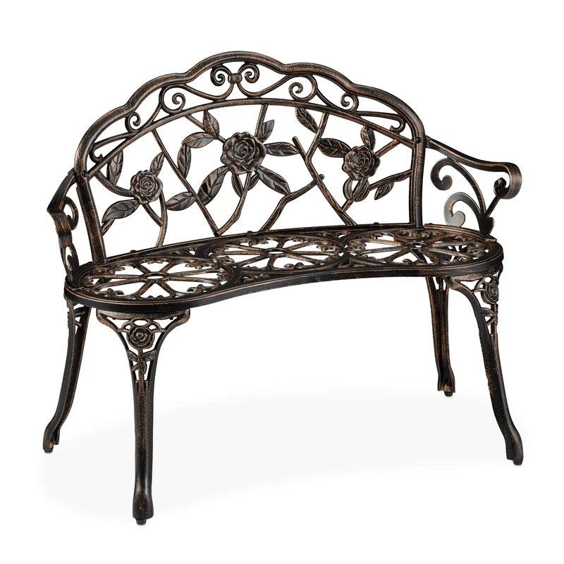 Relaxdays garden bench, 2-seater, detailed with roses, outdoor furniture, aluminium & cast iron, vintage looking, bronze