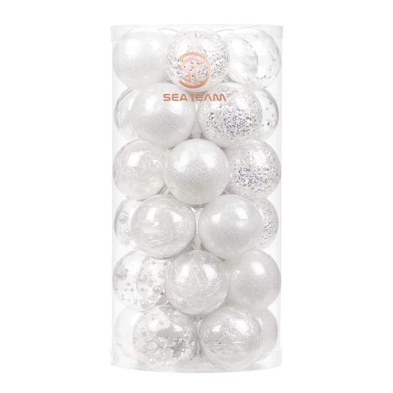 Sea Team 50MM/1.97" Shatterproof Clear Plastic Christmas Ball Ornaments Decorative Xmas Balls Baubles Set with Stuffed Delicate Decorations (30 Counts, White)