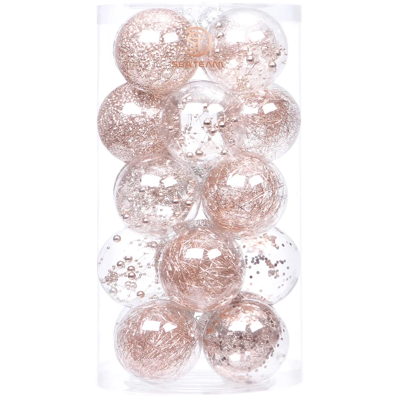 Sea Team 80mm/3.15" Shatterproof Clear Plastic Christmas Ball Ornaments Decorative Xmas Balls Baubles Set with Stuffed Delicate Decorations (20 Counts, Rose Gold)