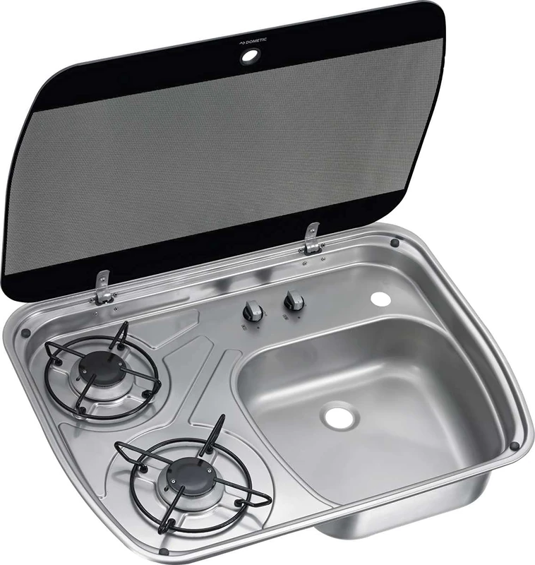 DOMETIC HSG 2445 600 x 445mm 2 Burner Gas Cooker and Sink Combination with Glass Lid for Caravan, Boat, Caravan and Motorhome