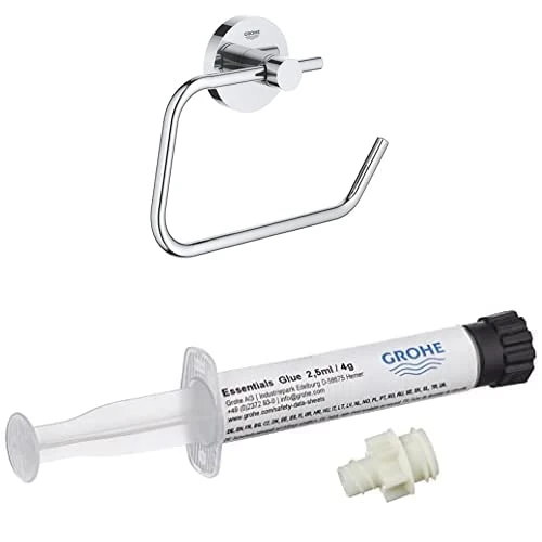 Bundle of GROHE Essentials Toilet Paper Holder Metal, Concealed Fastening, Chrome, 40689001 + GROHE Glue - Contains Syringe and Adapter for 1 Wall Mounting Plate, Dries in 24h, 40915001