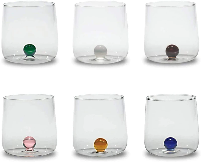 Zafferano Bilia Glass Tumbler - Handmade Transparent Glass, Decorated with a Colourful Glass Ball Inside, cl 44 h 90 mm d 88 mm - Set 6 Pieces - Assorted Colours - Image 1