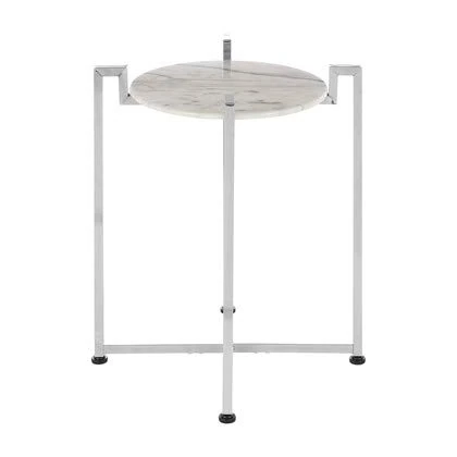 Premier Housewares Tall Side Table Black Glides Round Coffee Tables Living Room White Marble Metallic Chrome Finish Marble Top Side Table w48xd48xh53