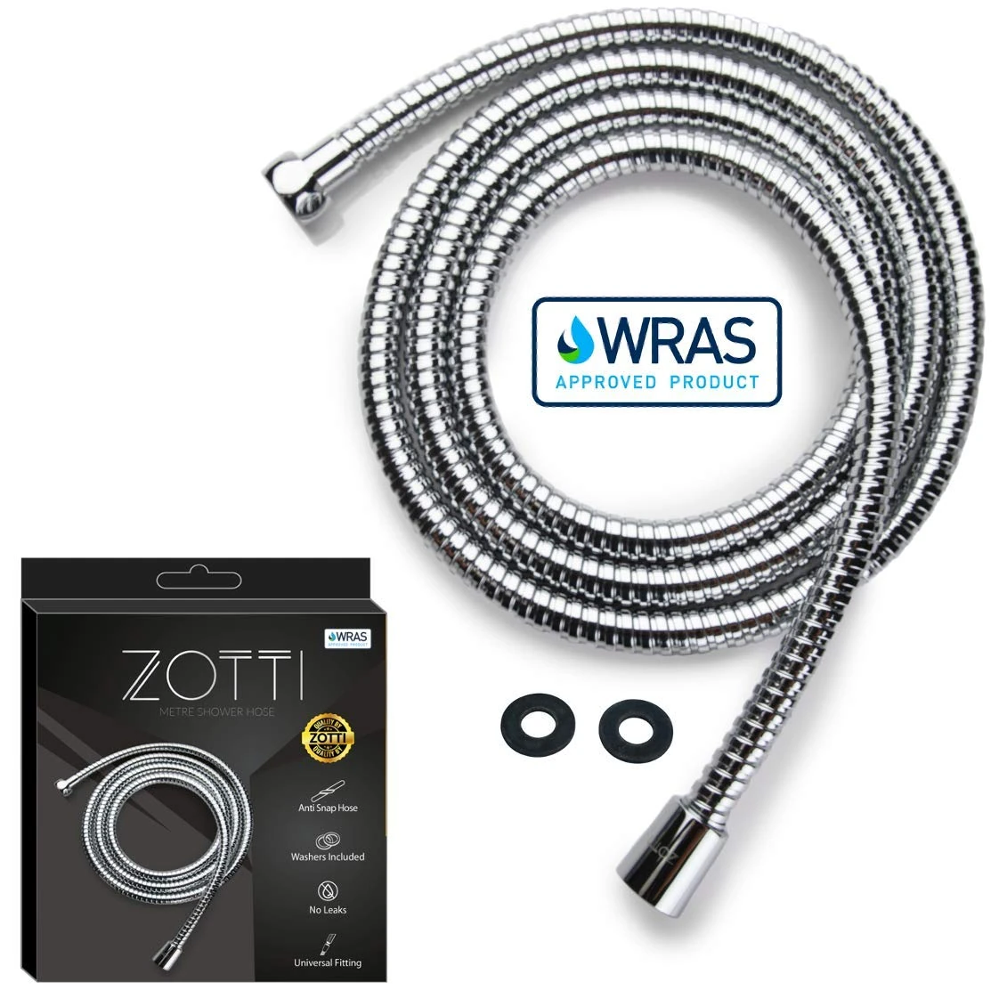 Zotti 1.5m Shower Hose | Stainless Steel Replacement Shower Hose | Leakproof and Anti-Kink | Universal Standard Fitting | High Pressure Resistance | Easy DIY Replacement | Includes 2 Washers