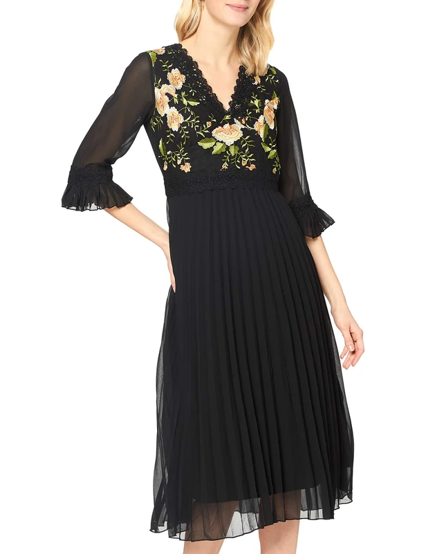 Yumi Womens Floral Embroidered Dress with Pleated Skirt and Fluted Sleeve, Black, 10 - Image 1
