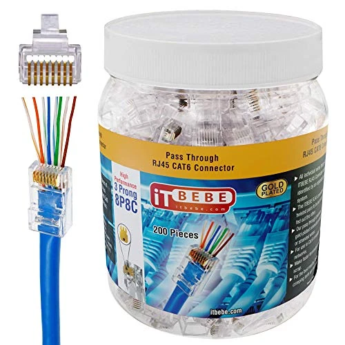 ITBEBE 200 Pieces RJ45 Pass Through Connectors for 24 AWG Cables - 200 Connector Ends for Cat6 Ethernet Patch Cord