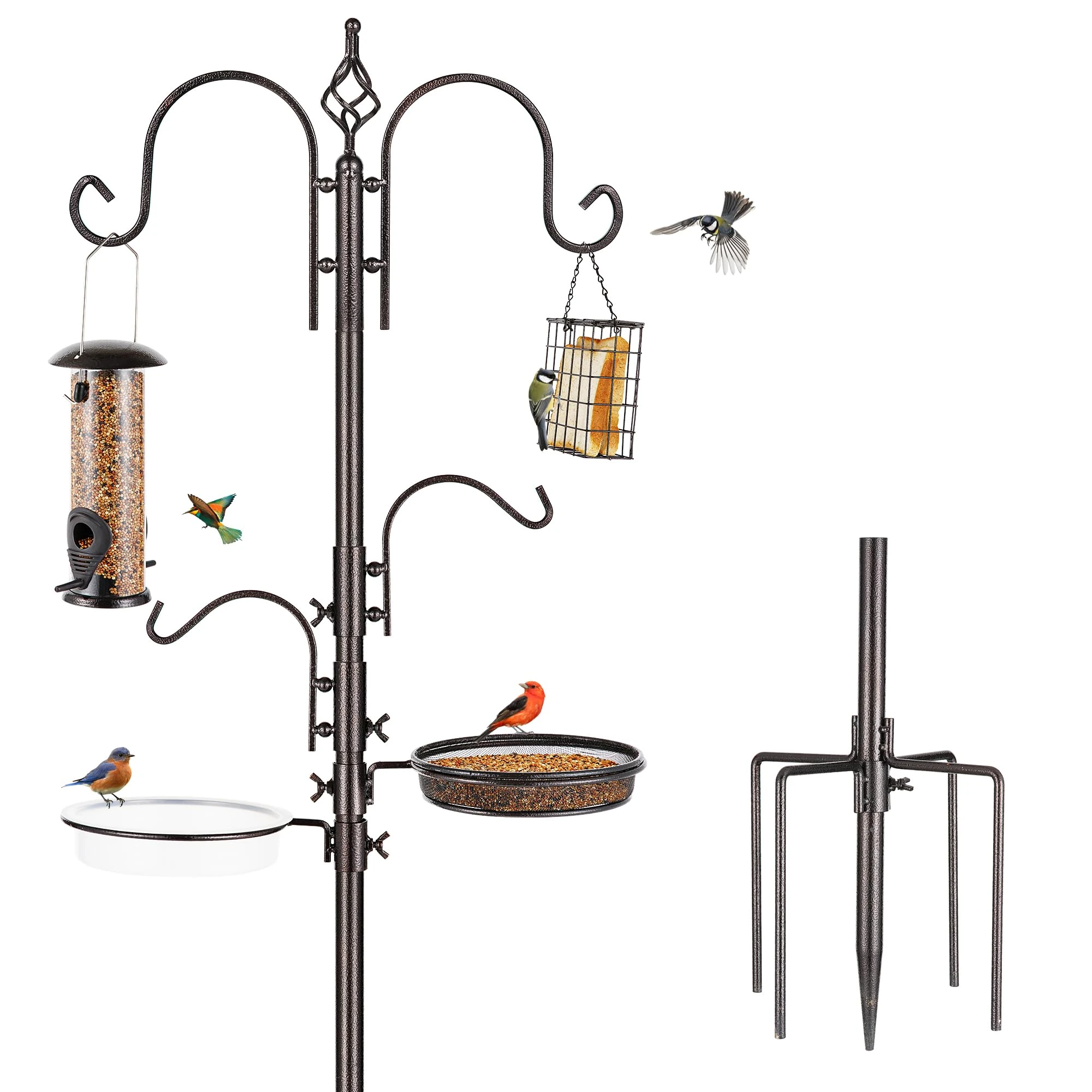 MIXXIDEA Bird Feeder Station Kit, Bird Feeders Pole with 5-Prong Base, Multifunctional Birds Feeders Stand for Outdoors, with Hooks, Feeders, Bath Tray, Easy to Use, 1 Set in Black (Set of 3 feeders)