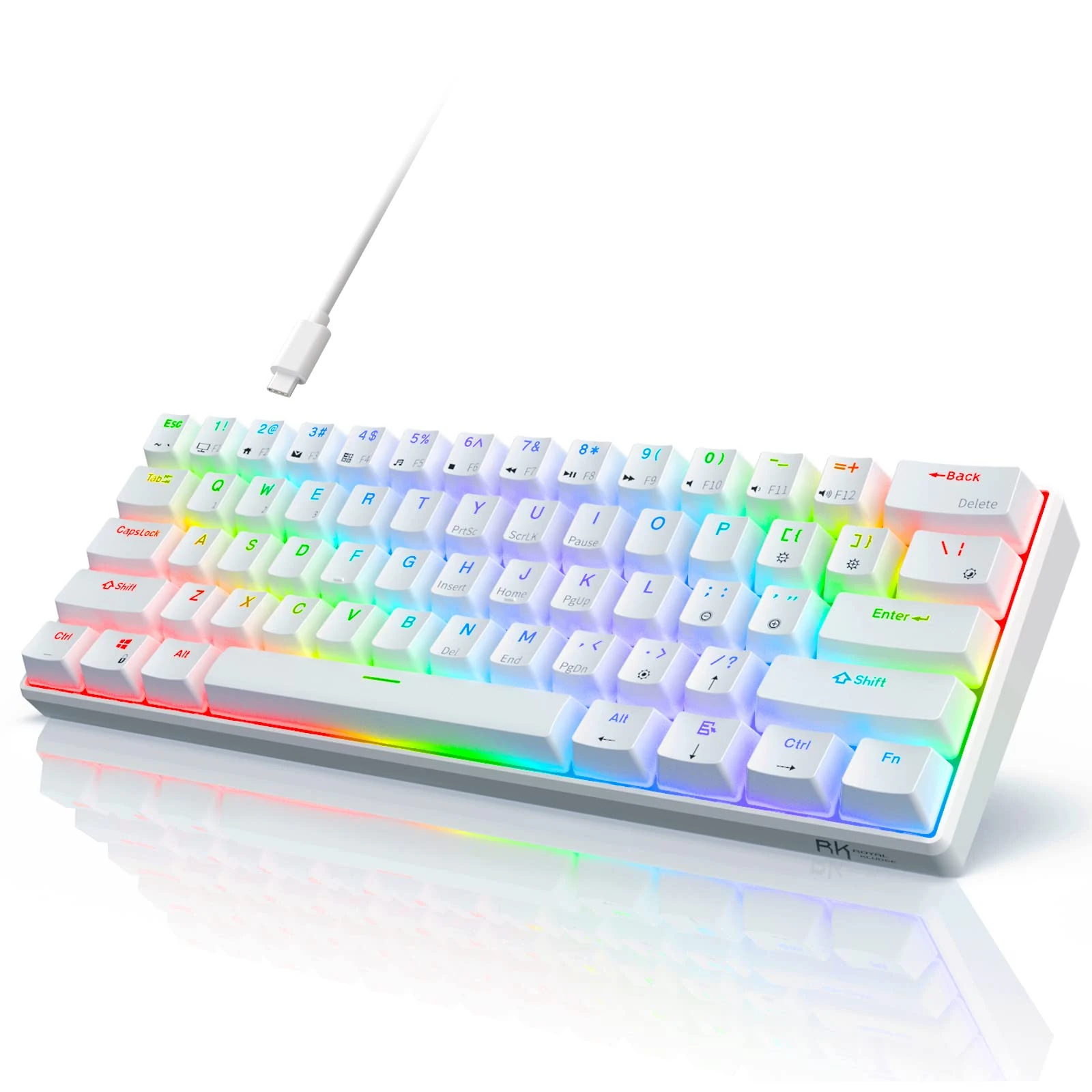 RK ROYAL KLUDGE RK61 QMK/VIA Custom 60% Mechanical Keyboard, Wired Gaming Keyboard Programmable 61 Keys RGB Backlit Ultra-Compact Hot-Swappable US Layout（Red Switch，White）