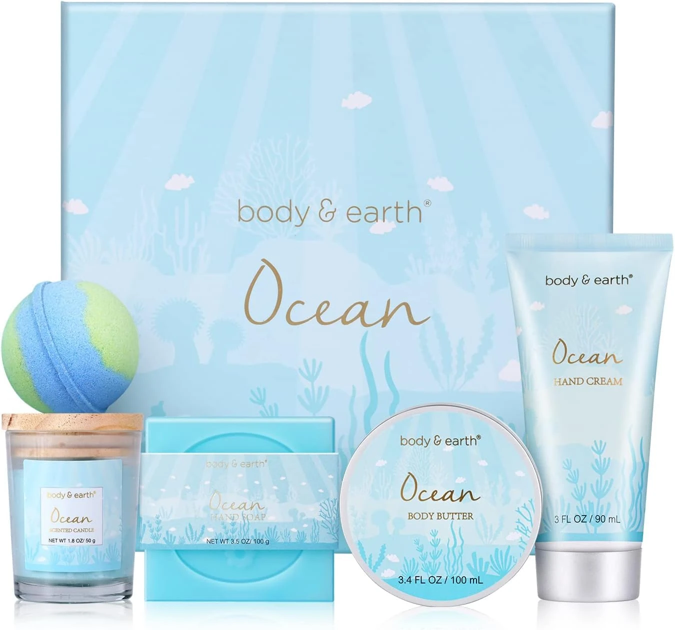 BODY & EARTH Pamper Gifts for Women, 5 Pcs Ocean Bath Spa Gift Set Includes Scented Candle, Body Butter, Gifts for Women, Birthday gifts for women, Gift Sets for Women, Valentine's Mother's Day