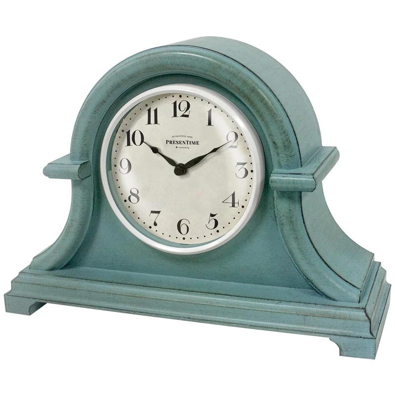 PRESENTIME & Co. Vintage Farmhouse Mantel Clock Series, Napoleon Desk & Shelf Clock, 13 x 10 inch, Domed Lens, Quartz Movement, Aged Teal Finish (Home Decoration/Tabletop Decoration)