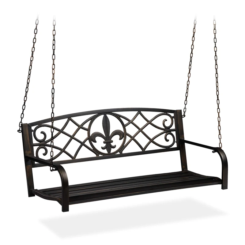 Relaxdays porch swing, 2 seater, hanging garden bench, vintage design, metal, black/bronze
