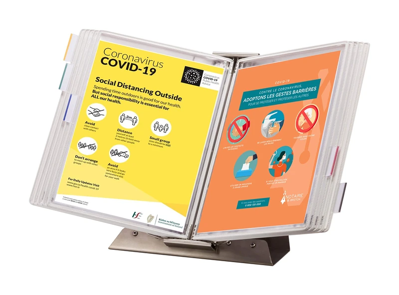 Tarifold Fr 434802 - Table Display Stand Kit - Sterifold Antimicrobial Stainless Steel with 10 A4 Pockets for Consultation and Presentation of Documents, White Frame