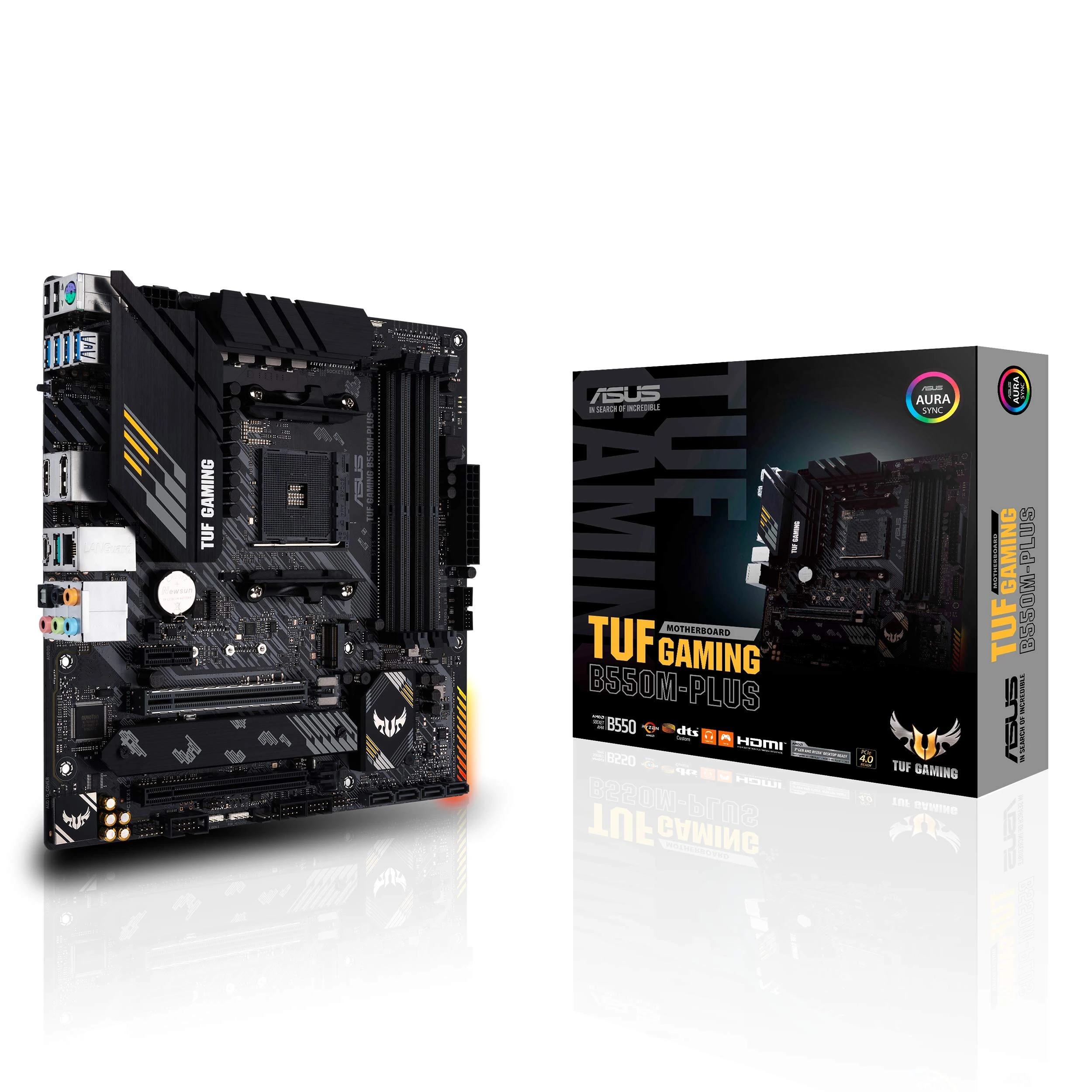 ASUS TUF Gaming B550M-PLUS, AMD B550 (Ryzen AM4) Micro ATX Motherboard (PCIe 4.0, Dual M.2, 10 DrMOS, DDR4 4400, 6, 2.5 Gb Ethernet, HDMI, DP, USB 3.2 Gen 2 Type-A and C, Aura Sync)
