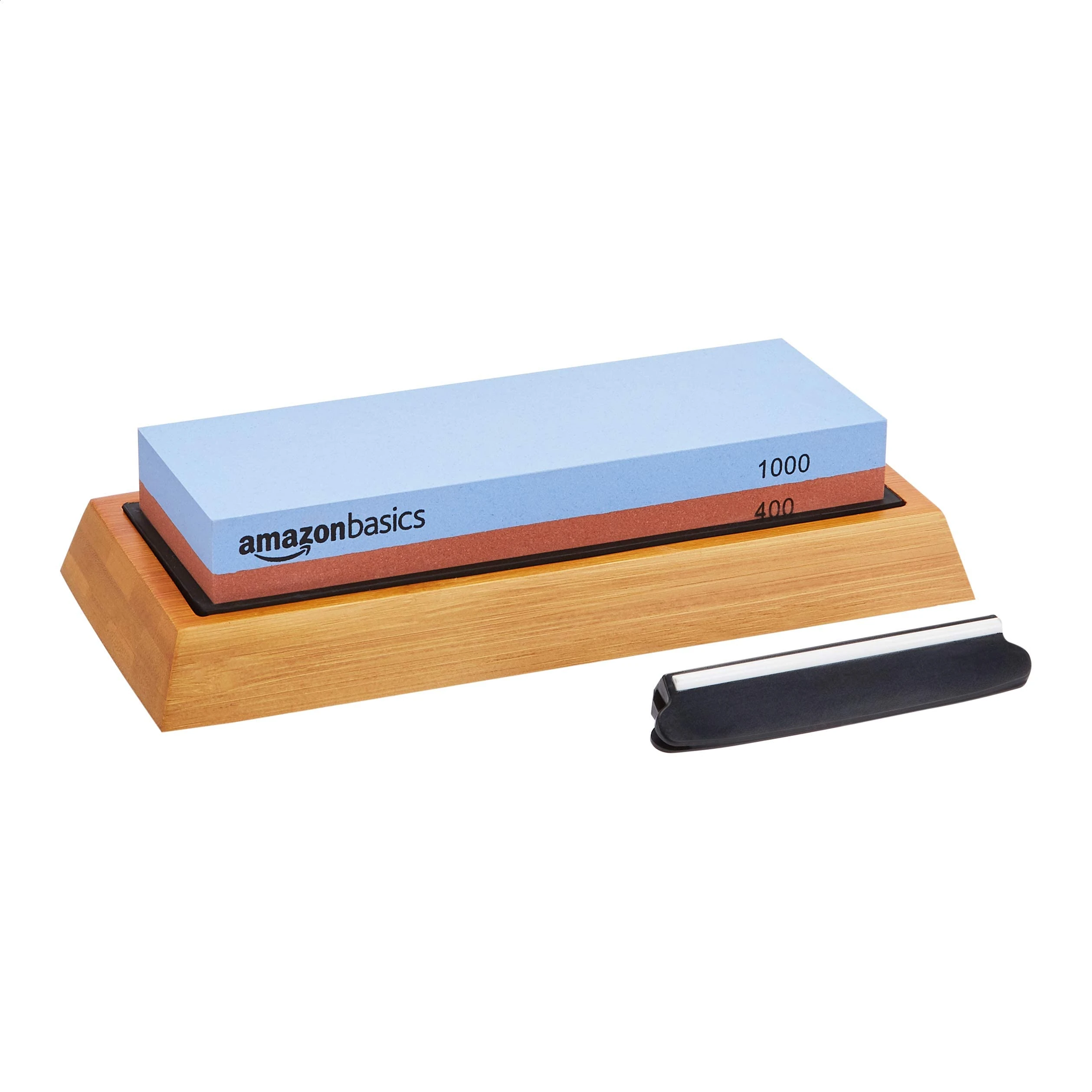 Amazon Basics Knife Sharpening Whetstone, Dual Sided 400/1000 Grit Sharpening Stone with Non-Slip Bamboo Base, 18.03 x 6.1 x 2.79 cm, Blue & Red