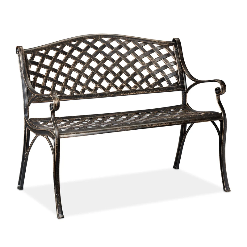 Relaxdays Garden Bench, 2 Seater, Terrace & Patio, Antique-Looking Design, Aluminium, Weatherproof, Black-Bronze, 102 x 60 x 82 cm