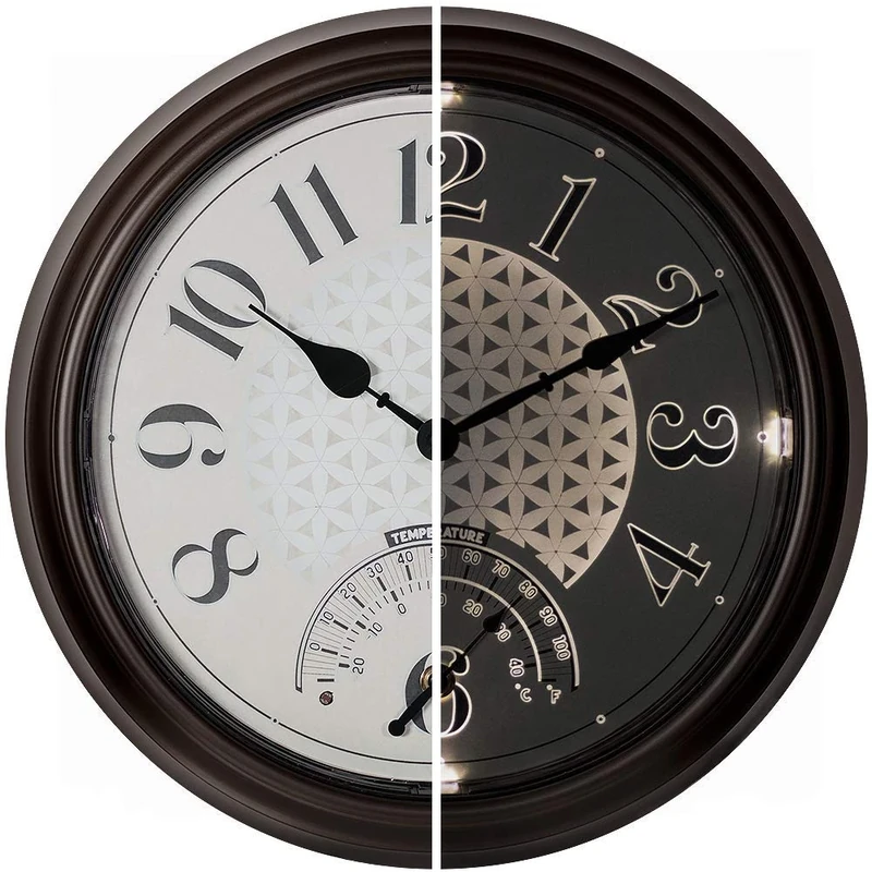 PRESENTIME & Co 14" Indoor/Outdoor Luminous Wall Clock with Thermometer, Weather Thermometer- Oil Rubbed Bronze Finish, Bright Warm Light Farmhouse Series