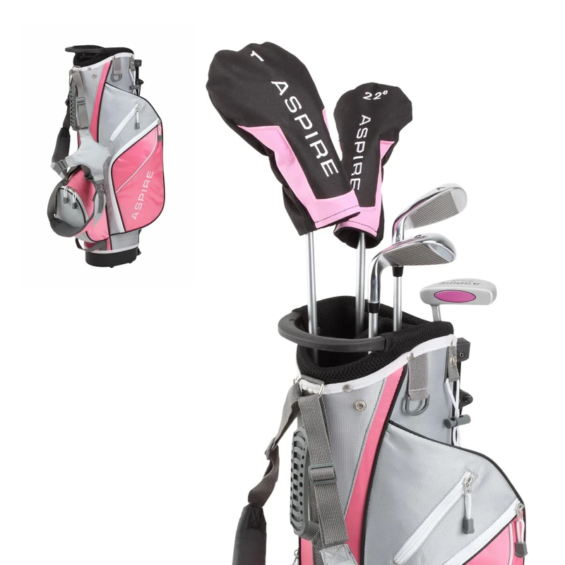 ASPIRE Junior Plus Complete Golf Club Set for Children, Kids - 5 Age Groups Boys and Girls - Right Hand, Real Girls Junior Golf Bag, Kids Golf Clubs Set