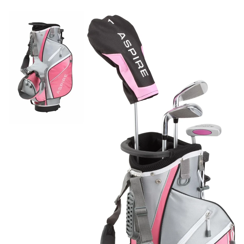 Aspire Golf Junior Plus Complete Golf Club Set for Children, Kids - 5 Age Groups Boys and Girls - Right Hand, Real Girls Junior Golf Bag, Kids Golf Clubs Set (Pink Ages 5-6)