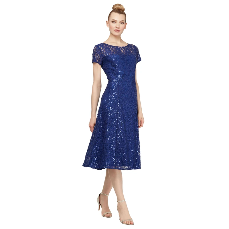 S.L. Fashions Women's Short Sleeve Tea Length Fit and Flare Dress (Petite Missy), Iris Sequin, 16